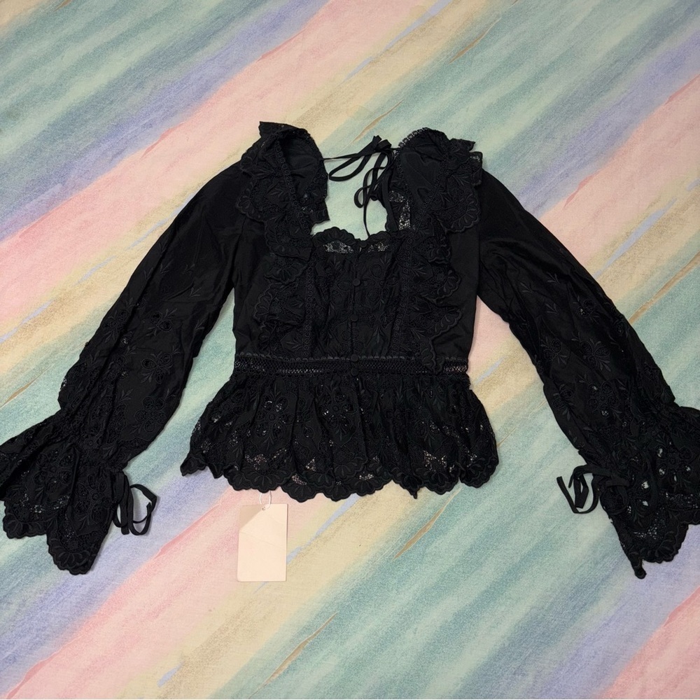 NWT Self Portrait Black Lace Embroidered Square Neck Blouse Size 2 - Picture 3 of 7